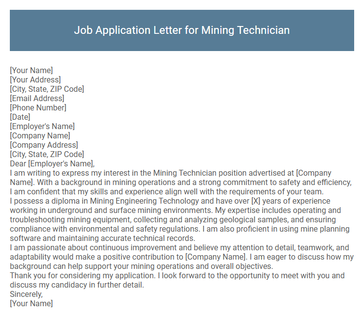 Job Application Letter for Mining Technician