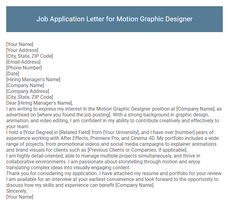 Job Application Letter for Motion Graphic Designer