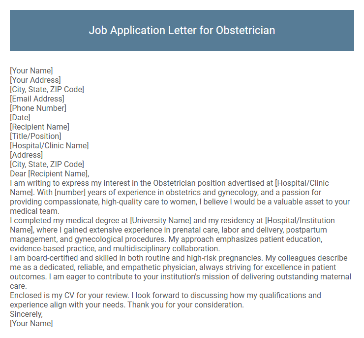 Job Application Letter for Obstetrician
