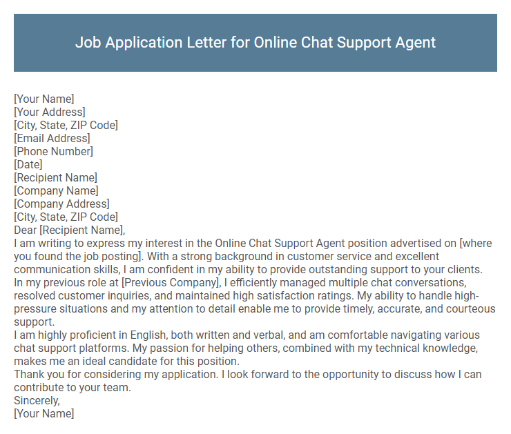 Job Application Letter for Online Chat Support Agent