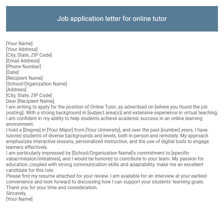 Job application letter for online tutor
