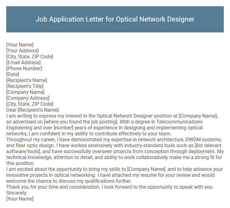 Job Application Letter for Optical Network Designer