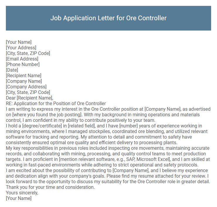 Job Application Letter for Ore Controller