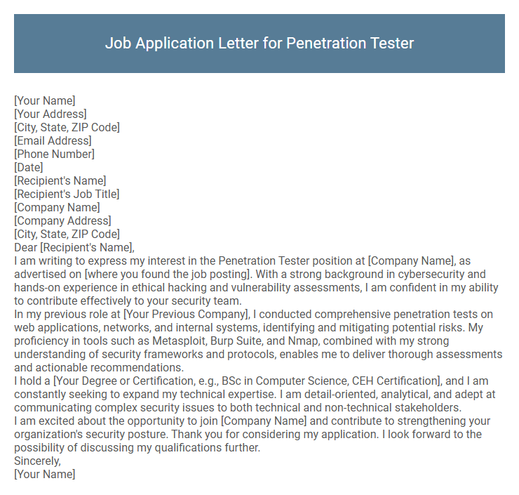 Job Application Letter for Penetration Tester