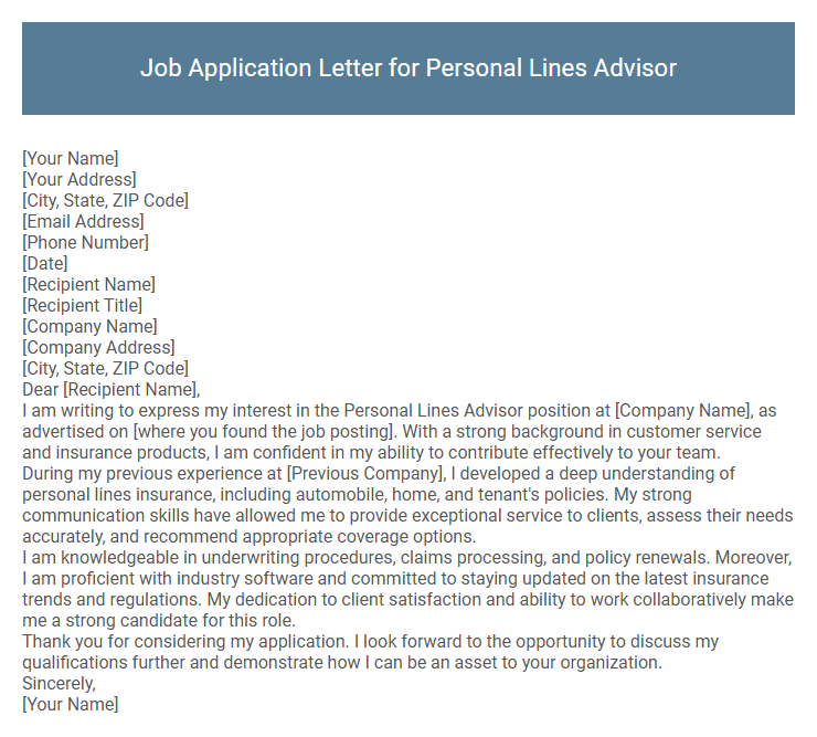 Job Application Letter for Personal Lines Advisor