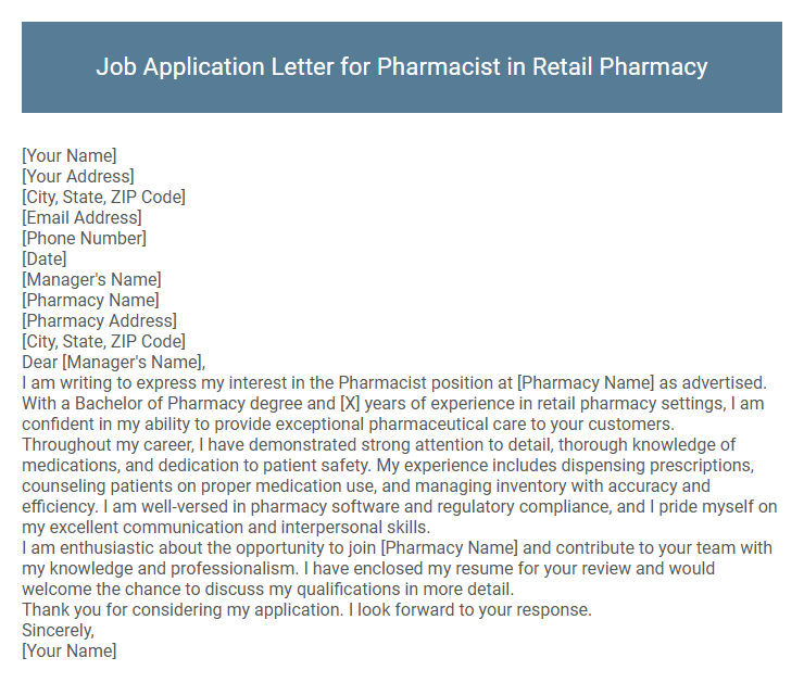 Job Application Letter for Pharmacist in Retail Pharmacy