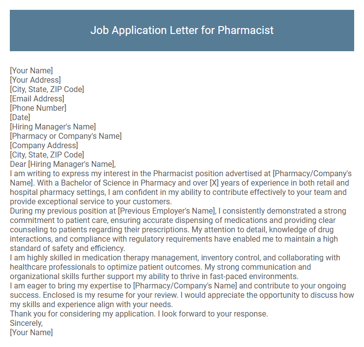 Job Application Letter for Pharmacist