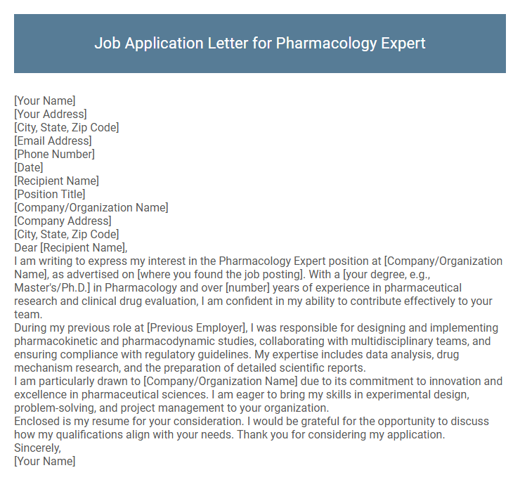Job Application Letter for Pharmacology Expert