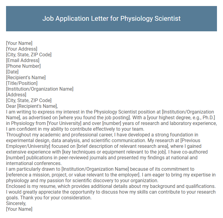 Job Application Letter for Physiology Scientist