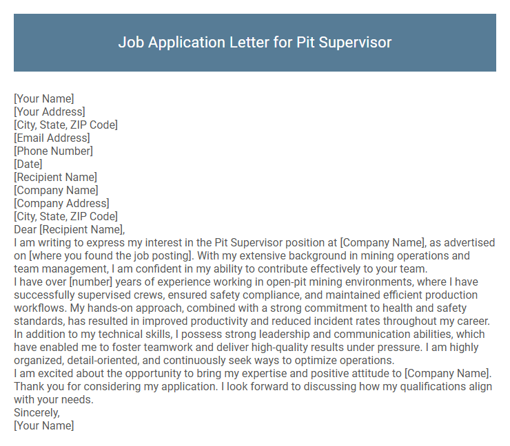 Job Application Letter for Pit Supervisor