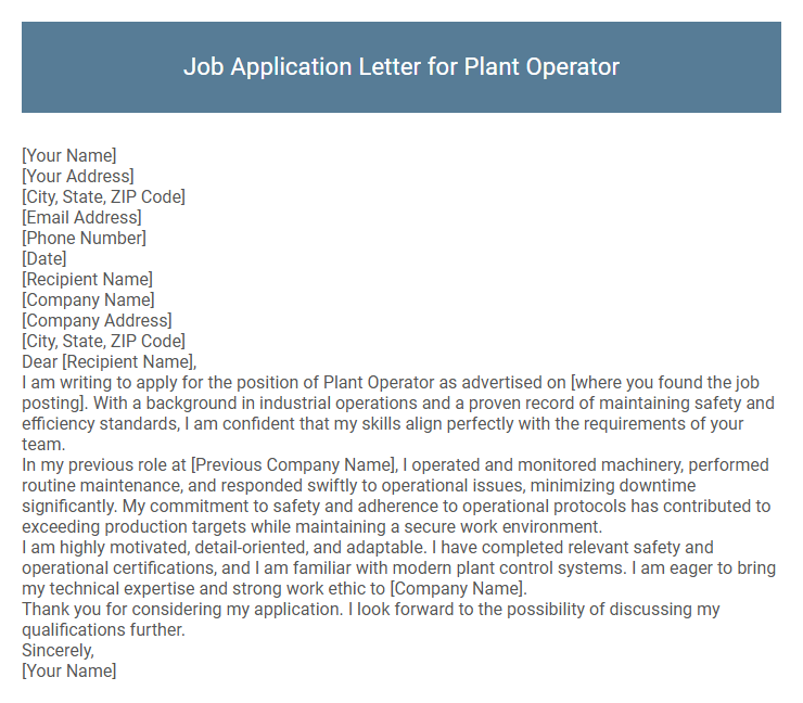 Job Application Letter for Plant Operator