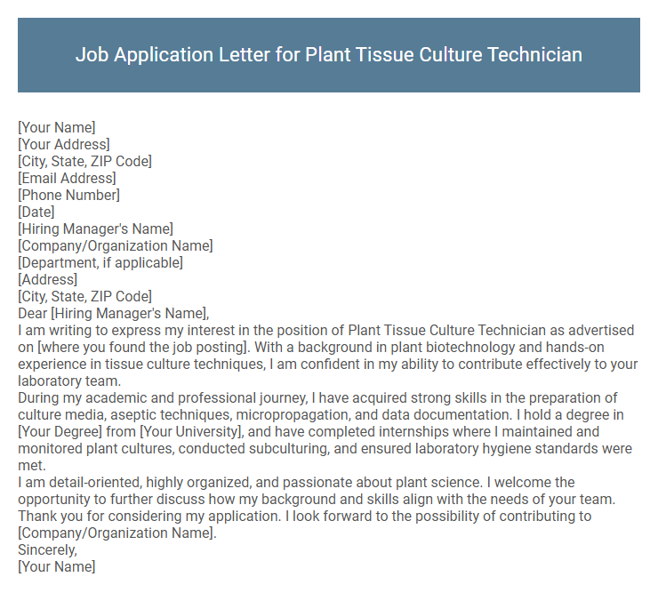 Job Application Letter for Plant Tissue Culture Technician