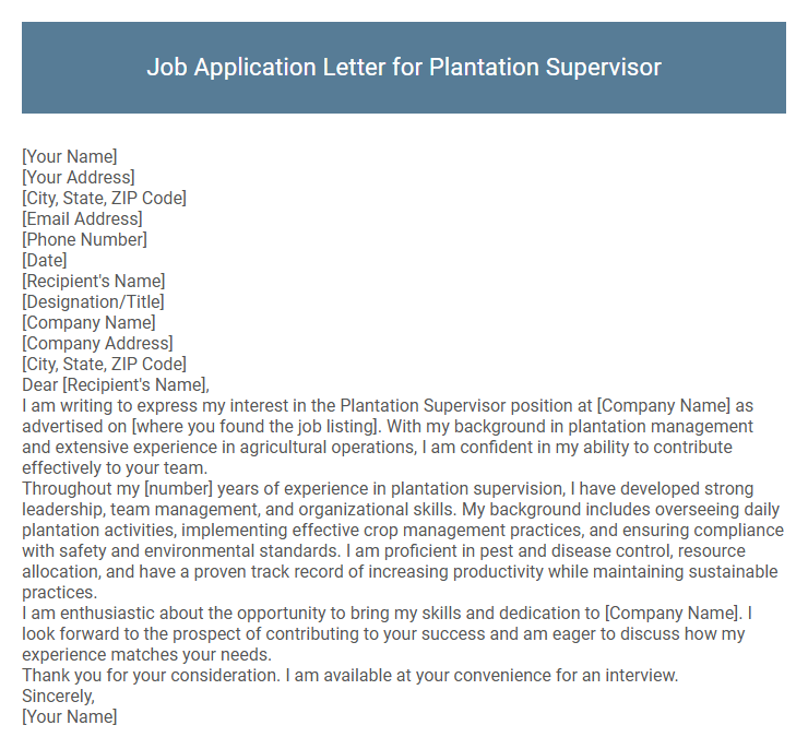 Job Application Letter for Plantation Supervisor