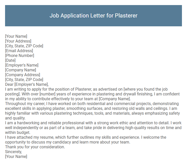 Job Application Letter for Plasterer