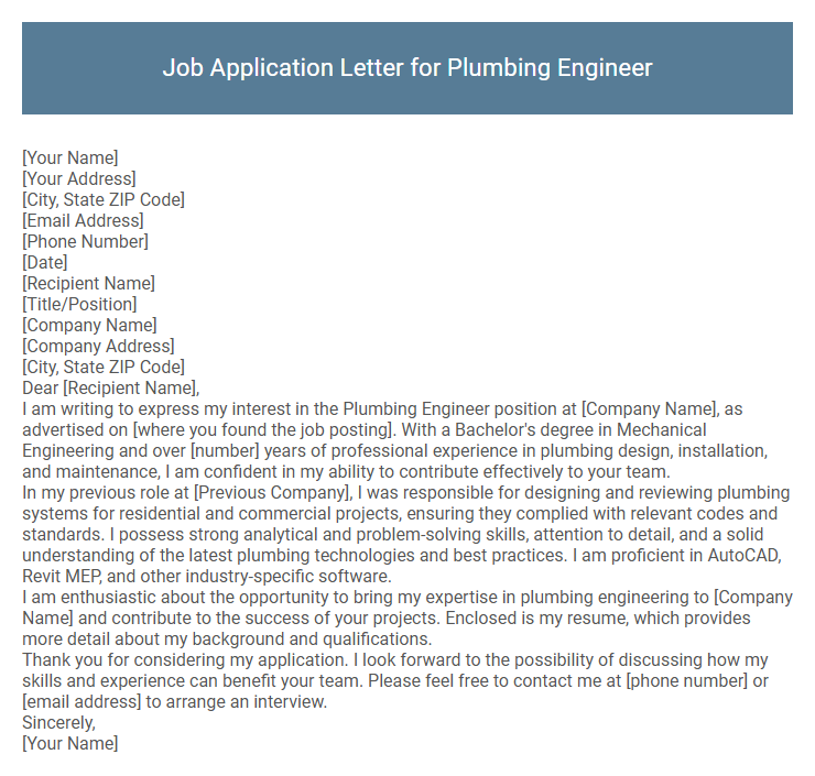 Job Application Letter for Plumbing Engineer