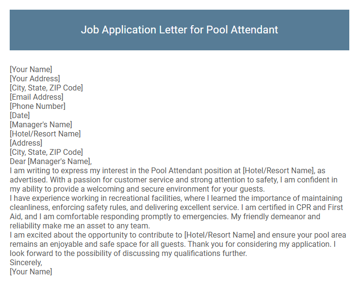 Job Application Letter for Pool Attendant