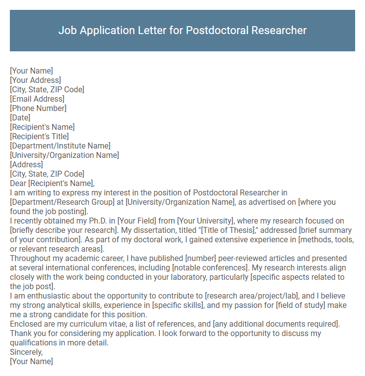Job Application Letter for Postdoctoral Researcher