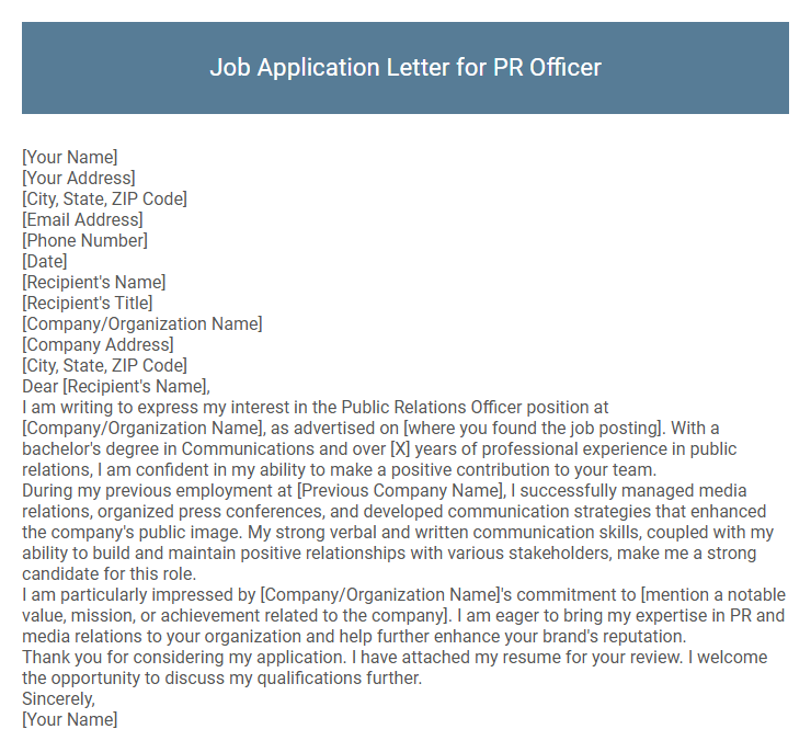Job Application Letter for PR Officer