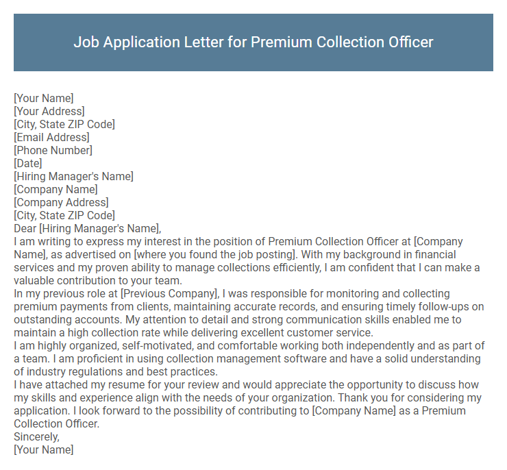 Job Application Letter for Premium Collection Officer
