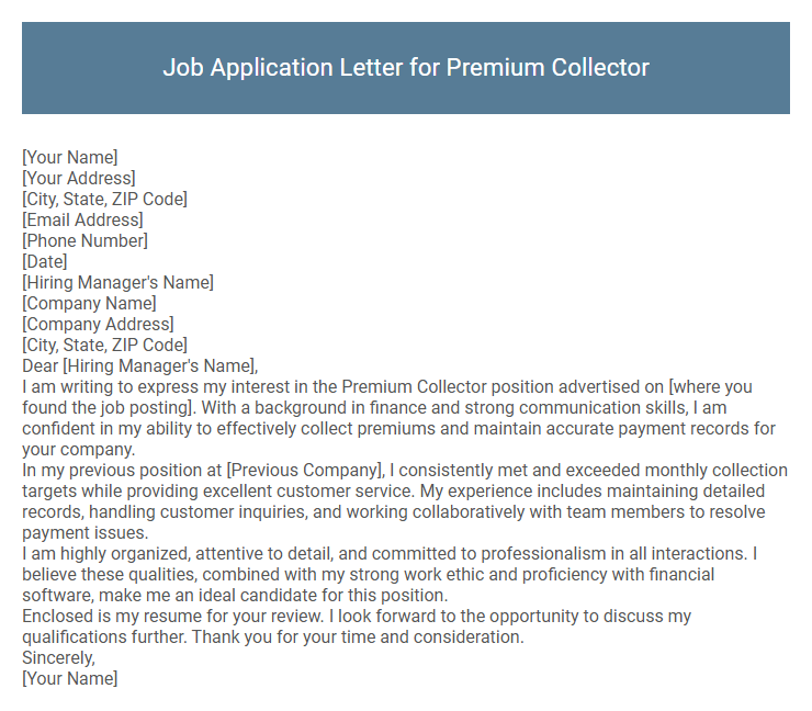 Job Application Letter for Premium Collector