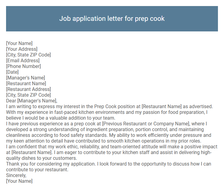 Job application letter for prep cook