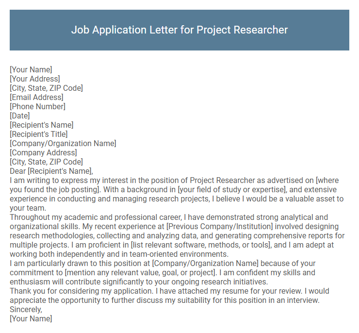 Job Application Letter for Project Researcher