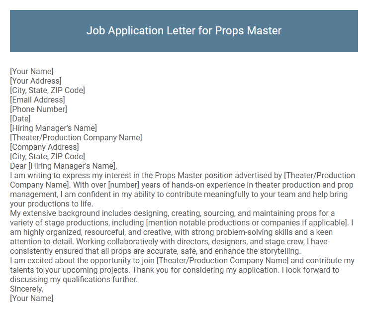 Job Application Letter for Props Master