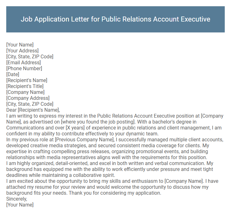 Job Application Letter for Public Relations Account Executive