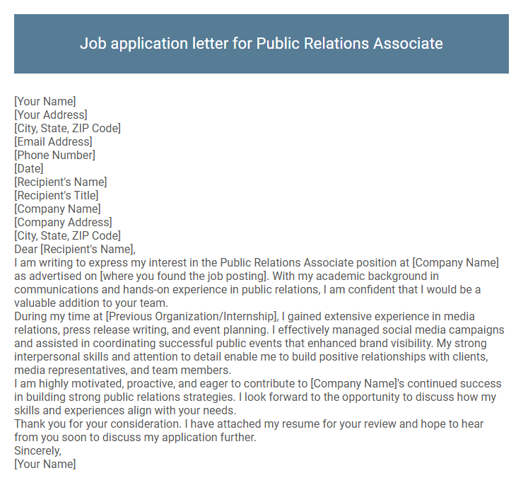 Job application letter for Public Relations Associate