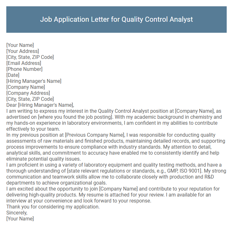 Job Application Letter for Quality Control Analyst