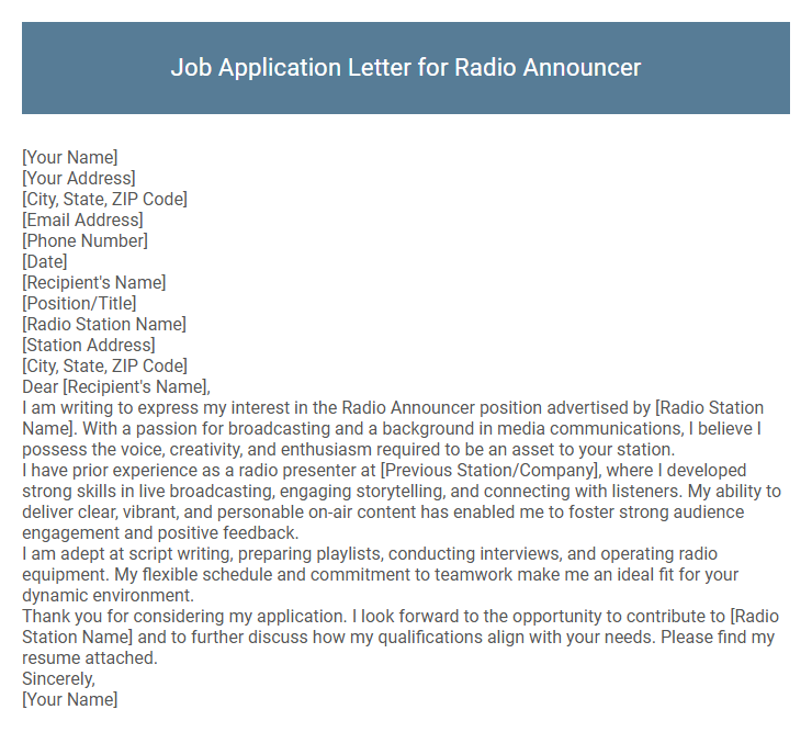 Job Application Letter for Radio Announcer
