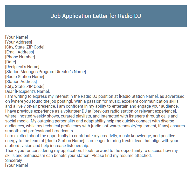 Job Application Letter for Radio DJ