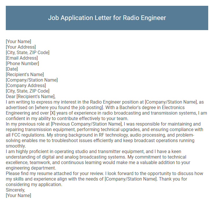 Job Application Letter for Radio Engineer