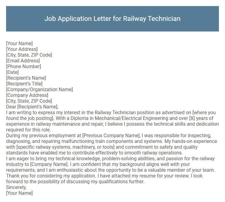 Job Application Letter for Railway Technician