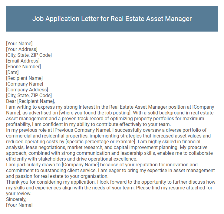 Job Application Letter for Real Estate Asset Manager