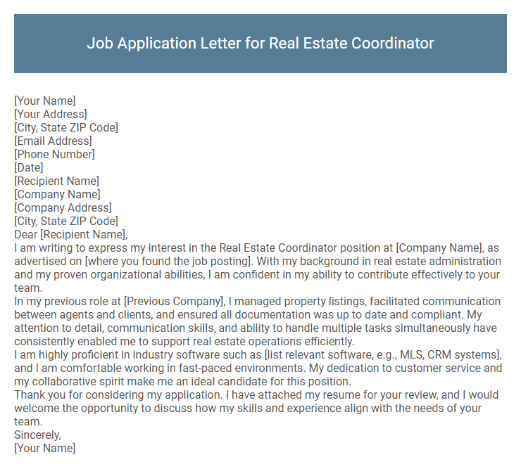 Job Application Letter for Real Estate Coordinator
