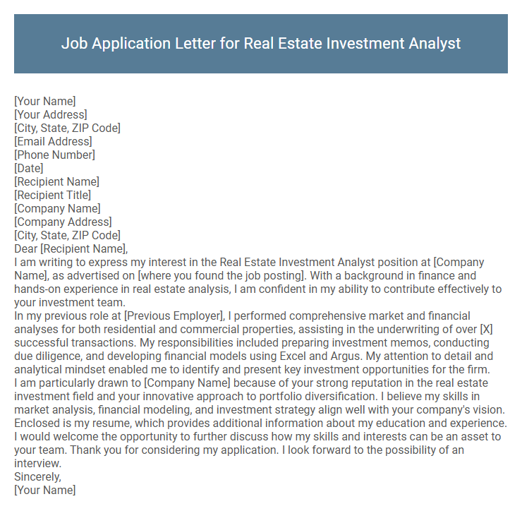 Job Application Letter for Real Estate Investment Analyst