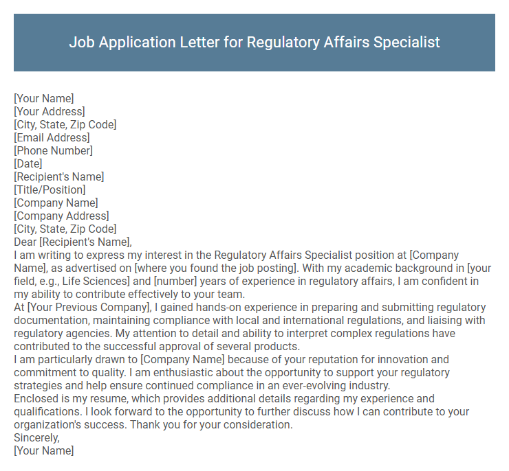Job Application Letter for Regulatory Affairs Specialist