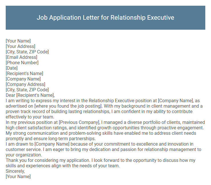 Job Application Letter for Relationship Executive
