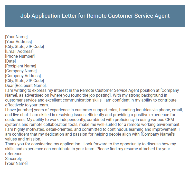 Job Application Letter for Remote Customer Service Agent