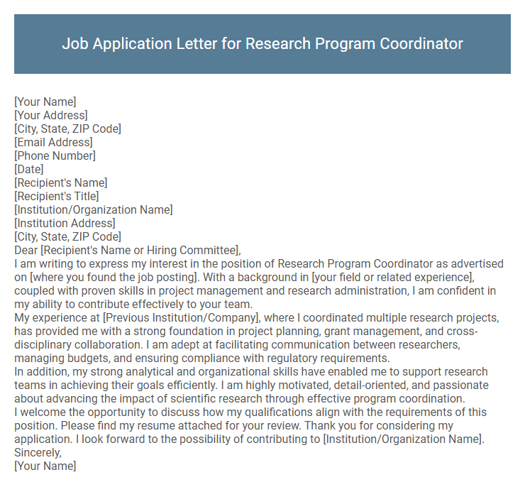 Job Application Letter for Research Program Coordinator