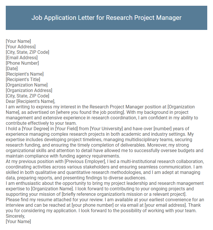 Job Application Letter for Research Project Manager