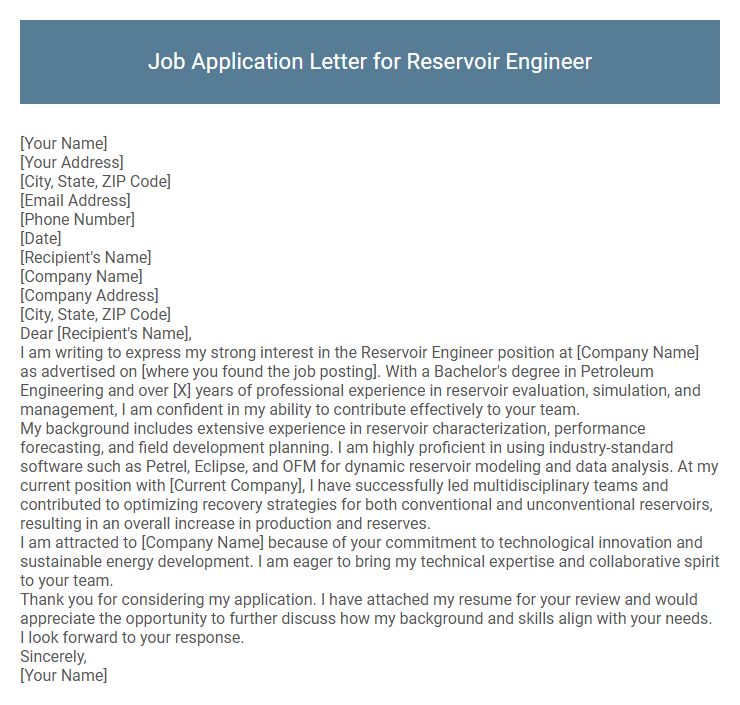 Job Application Letter for Reservoir Engineer