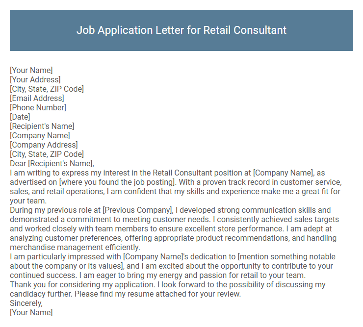 Job Application Letter for Retail Consultant