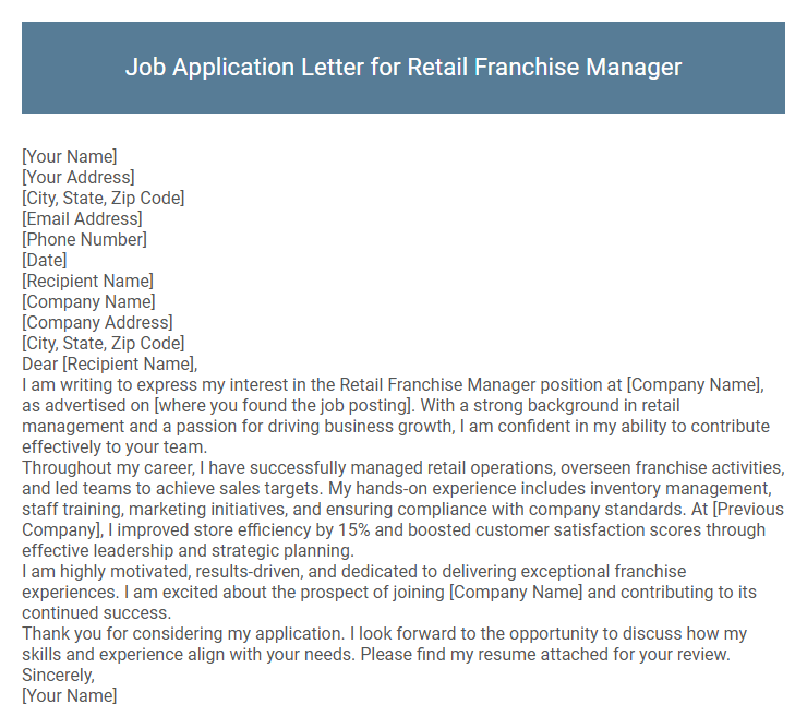 Job Application Letter for Retail Franchise Manager