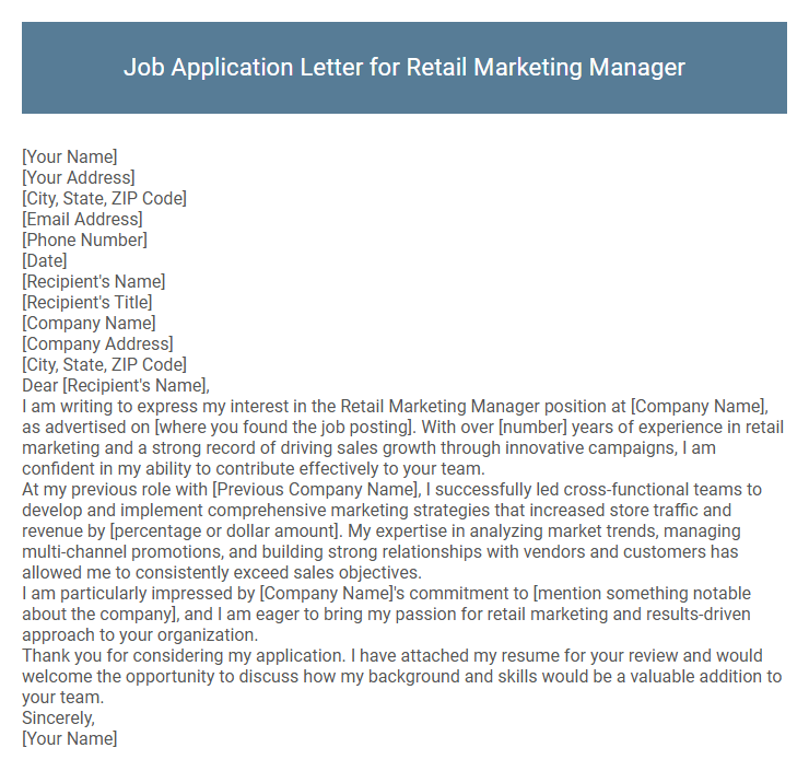 Job Application Letter for Retail Marketing Manager