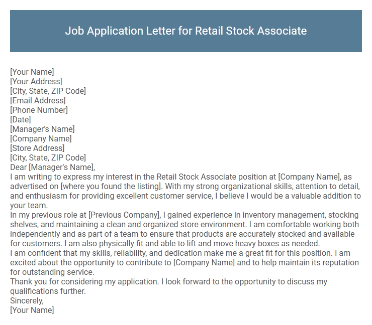 Job Application Letter for Retail Stock Associate
