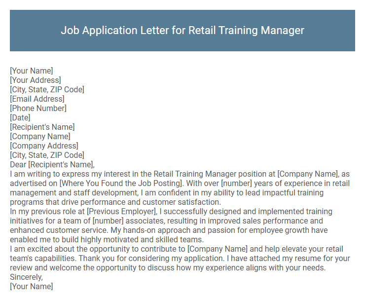 Job Application Letter for Retail Training Manager