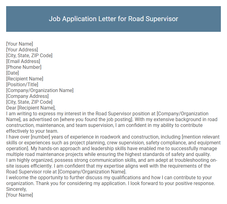 Job Application Letter for Road Supervisor