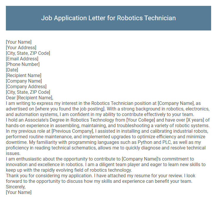Job Application Letter for Robotics Technician